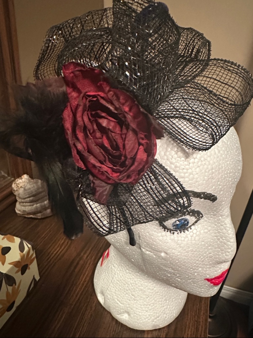 Vintage Black Mesh Fascinator with Burgundy Rose - plus original round hatbox